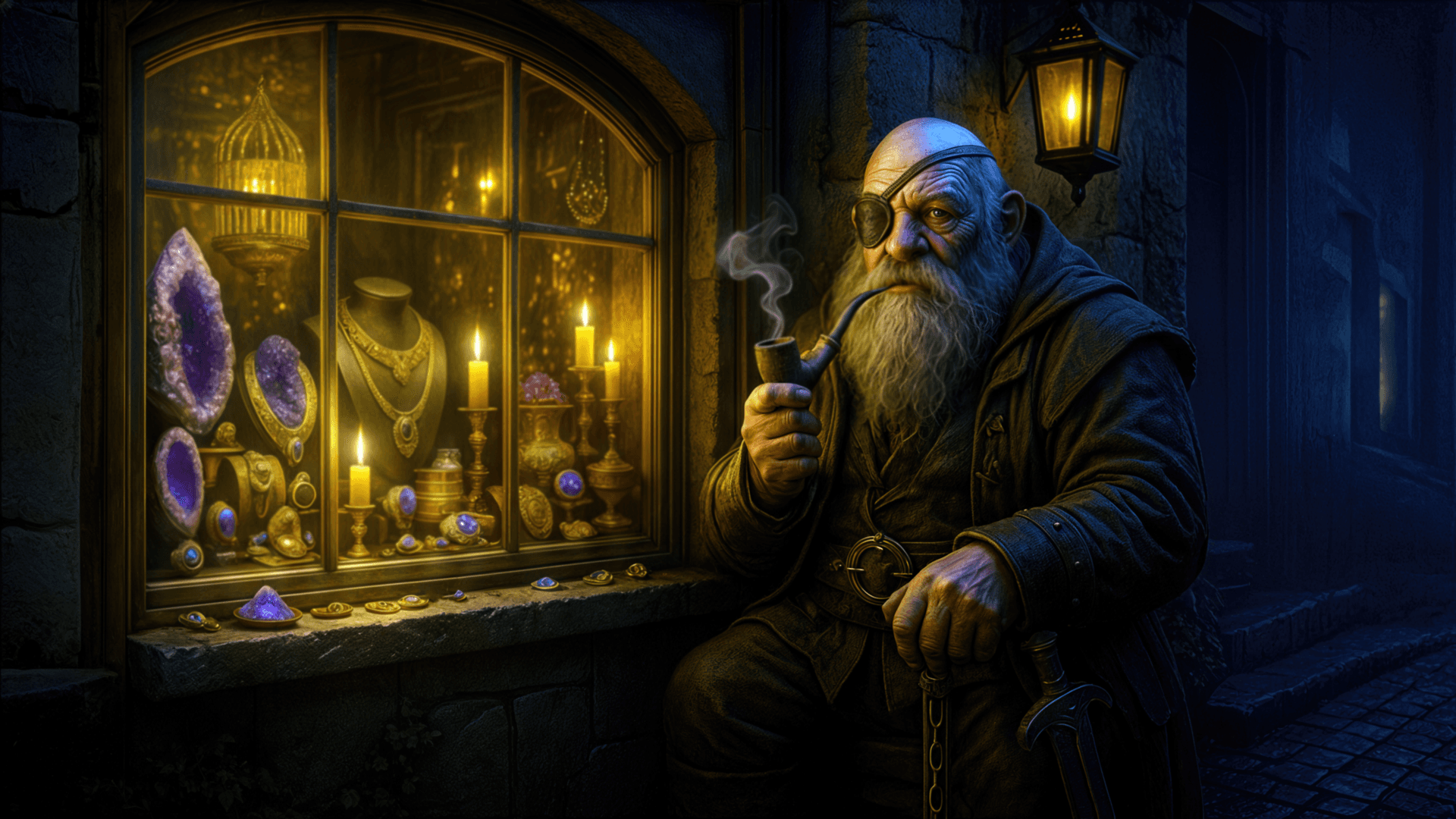 A dwarven craftsman tends his wares