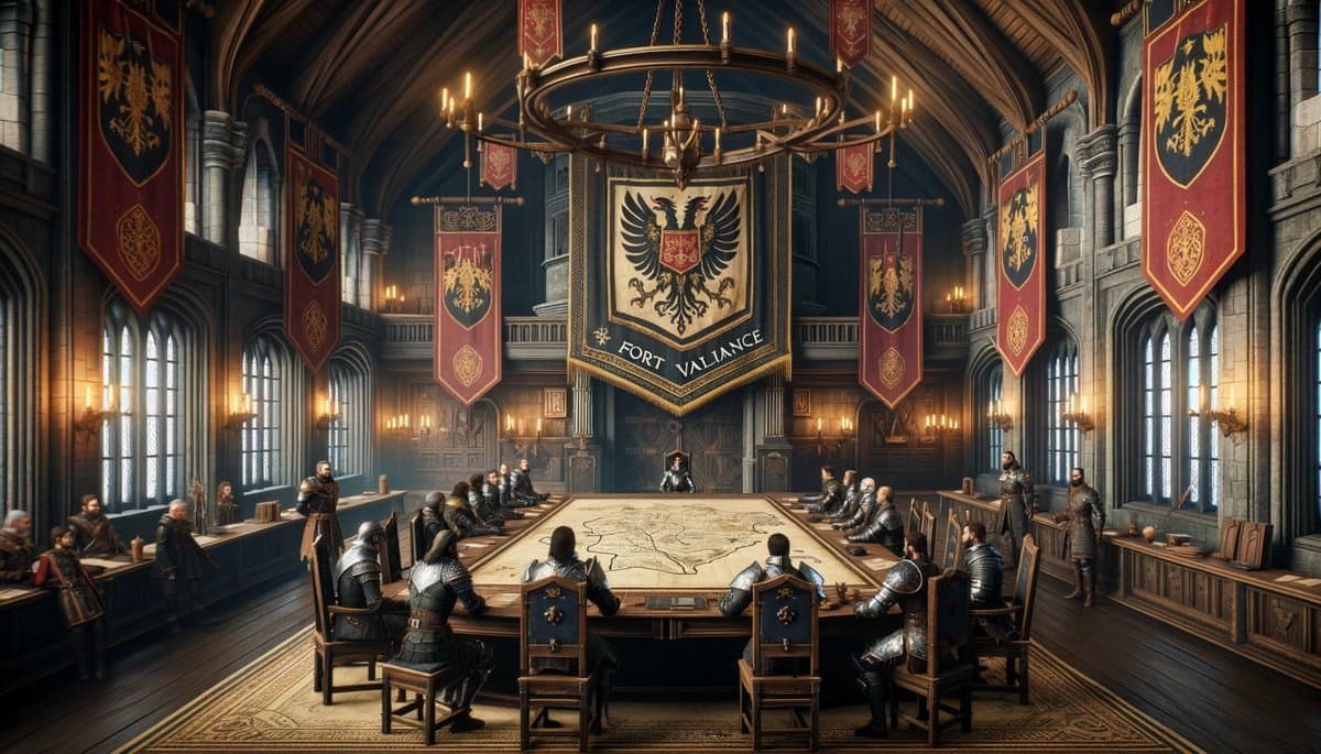 The Grand Chamber of Fort Valiance — vaulted ceilings and house banners