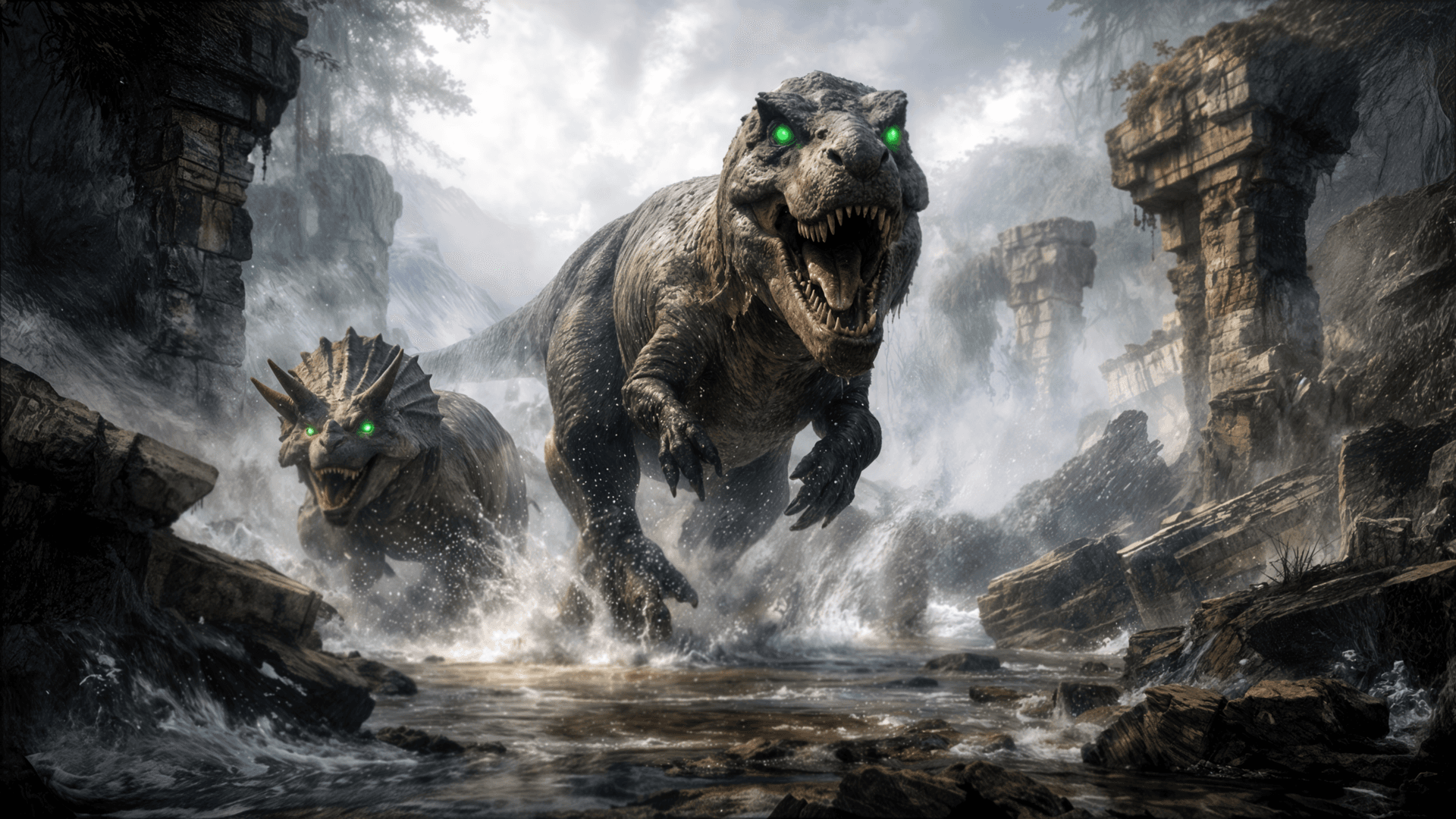 Dinosaurs stalk the volcanic jungles of Ravenkrest