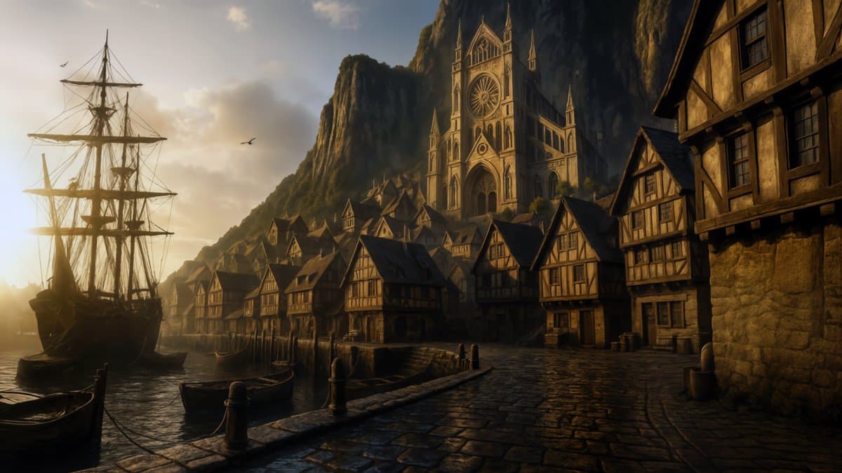 Silverwatch Haven at golden hour — ships in harbor beneath the Temple of Dawn