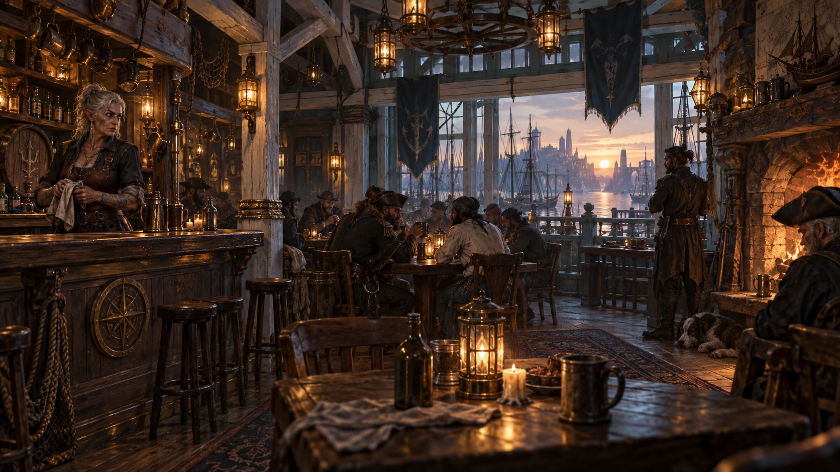 Warm timber tavern overlooking the harbour at sunset